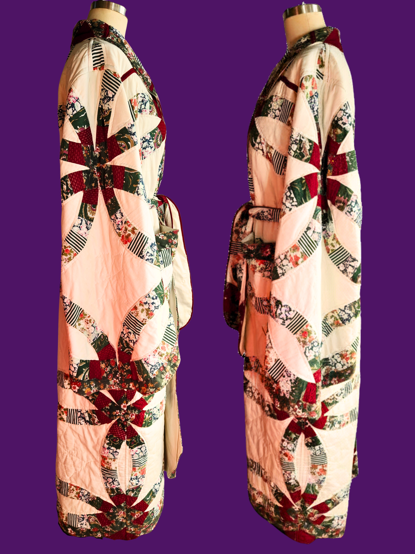 Quilted Robe with intricate patterns on a purple background