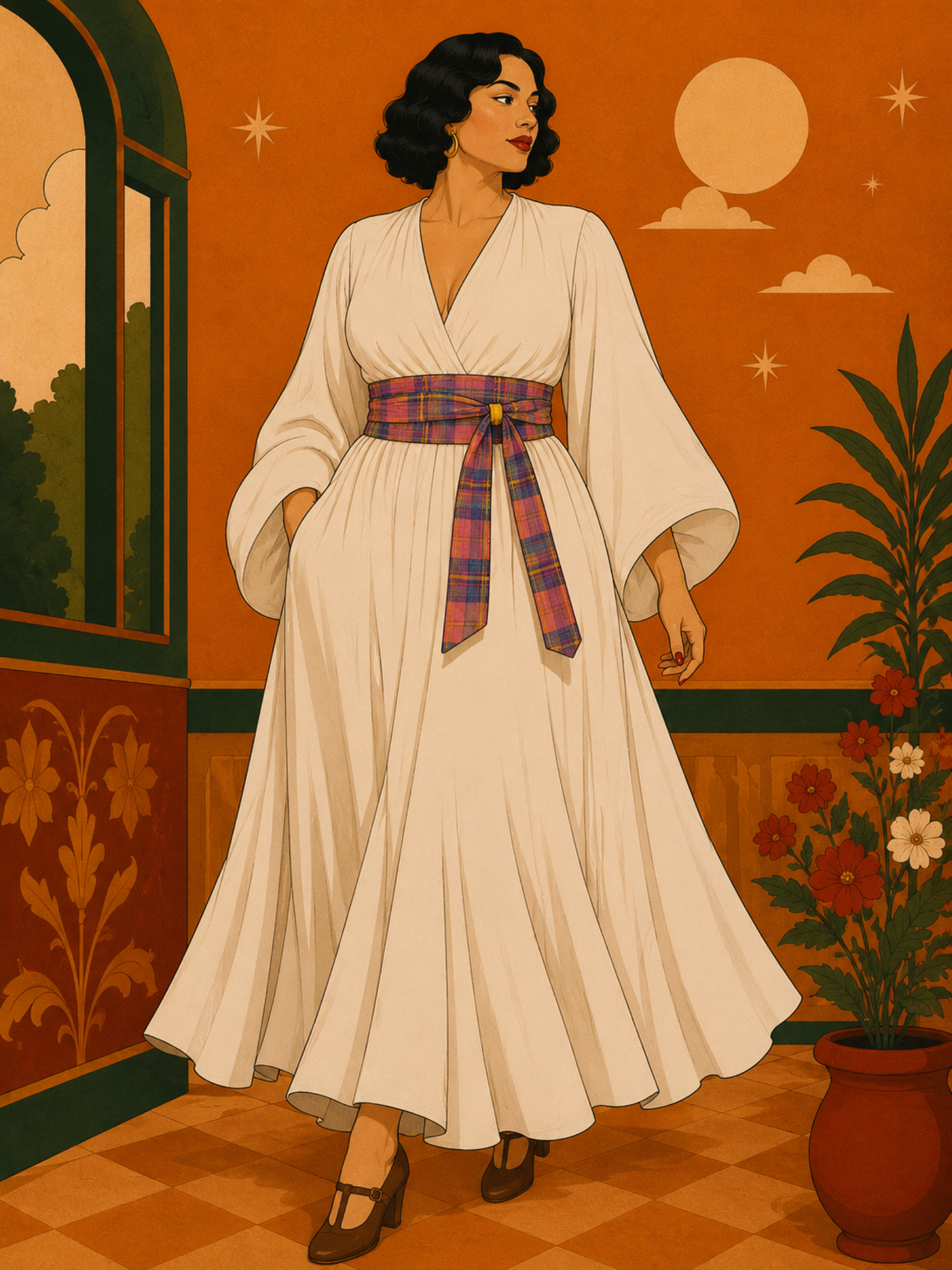 Woman in a long, light-colored dress with a plaid belt standing in a decorated room.