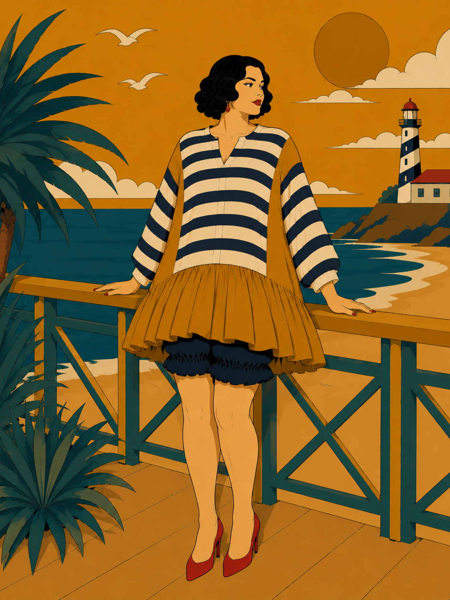 artistic representation of a woman wearing a striped and mustard dress with blue bloomers peaking out from underneath. in a seaside scene
