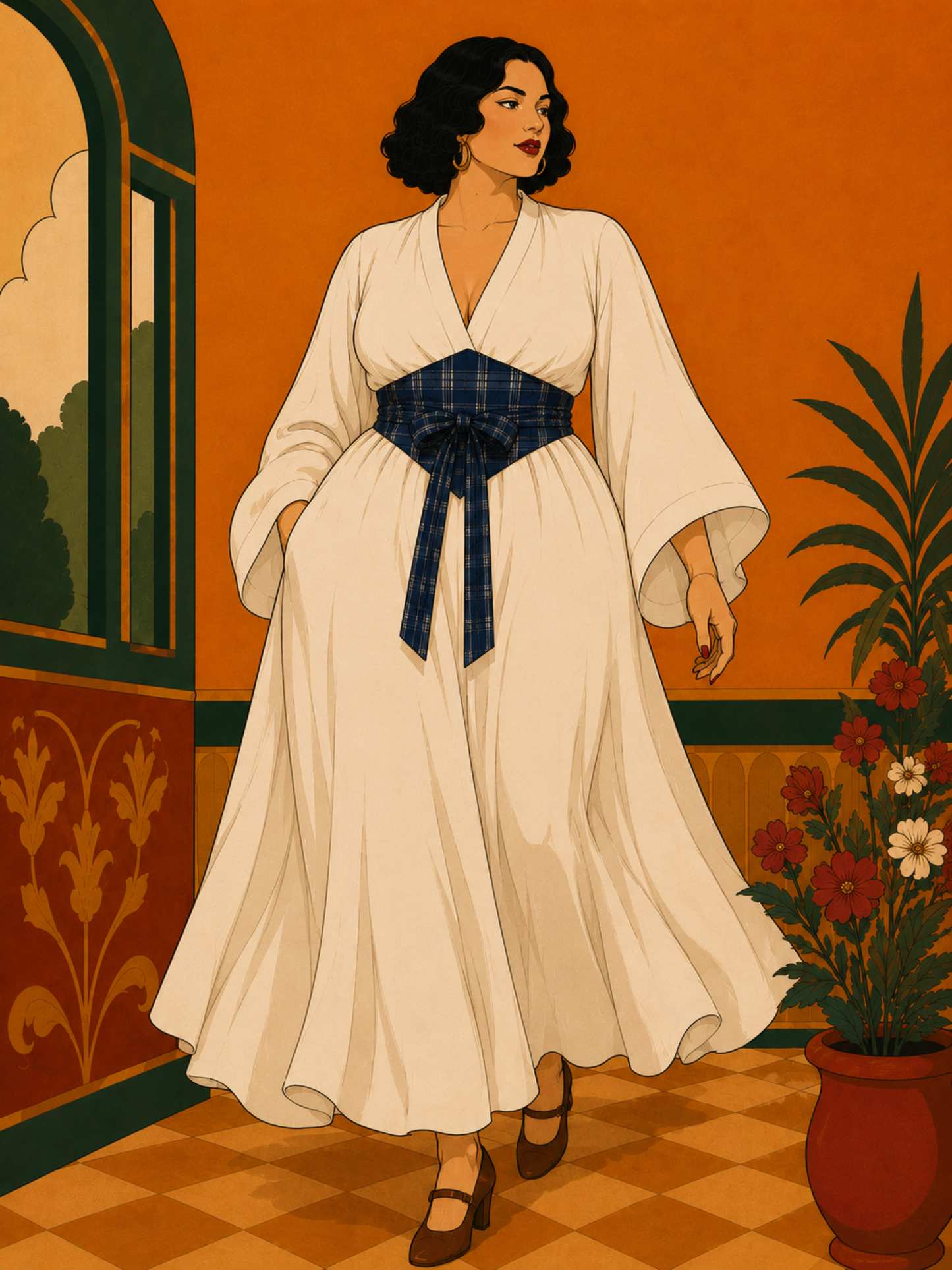 artistic illustration of woman wearing belt and dress on an orange background
