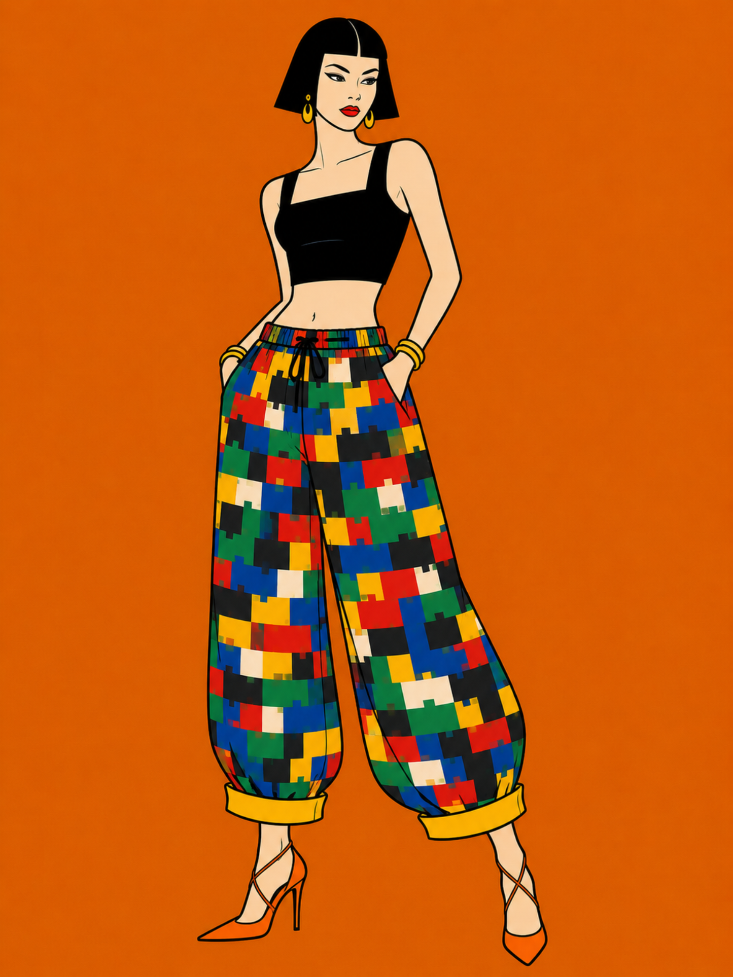 Illustration of a woman wearing colorful checkered pants on an orange background