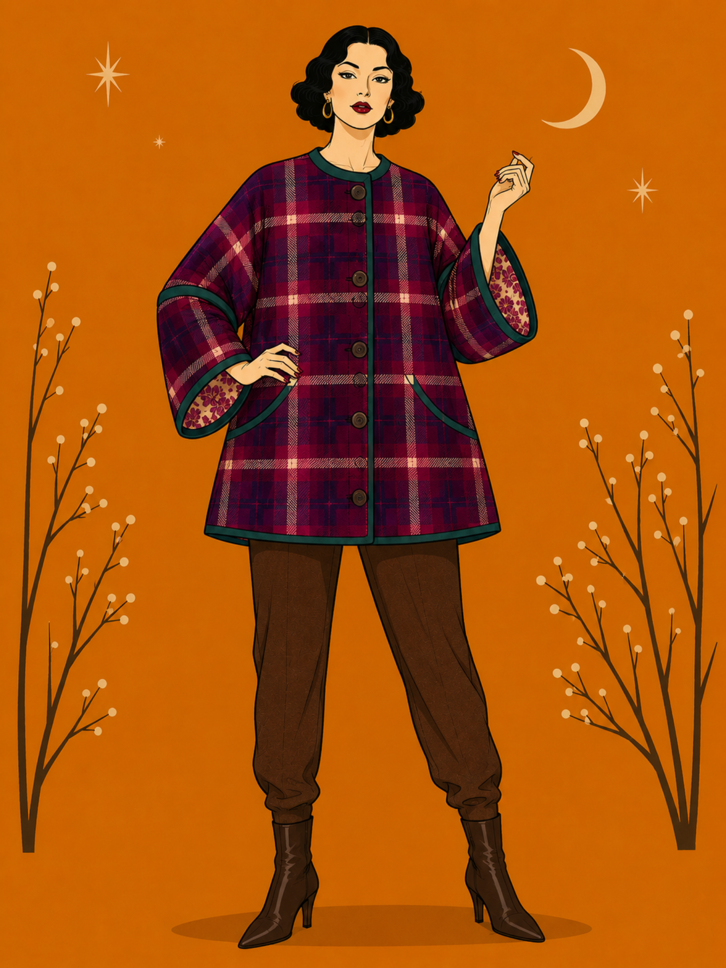 artistic illustration of woman wearing a pink plaid jacket on an orange background