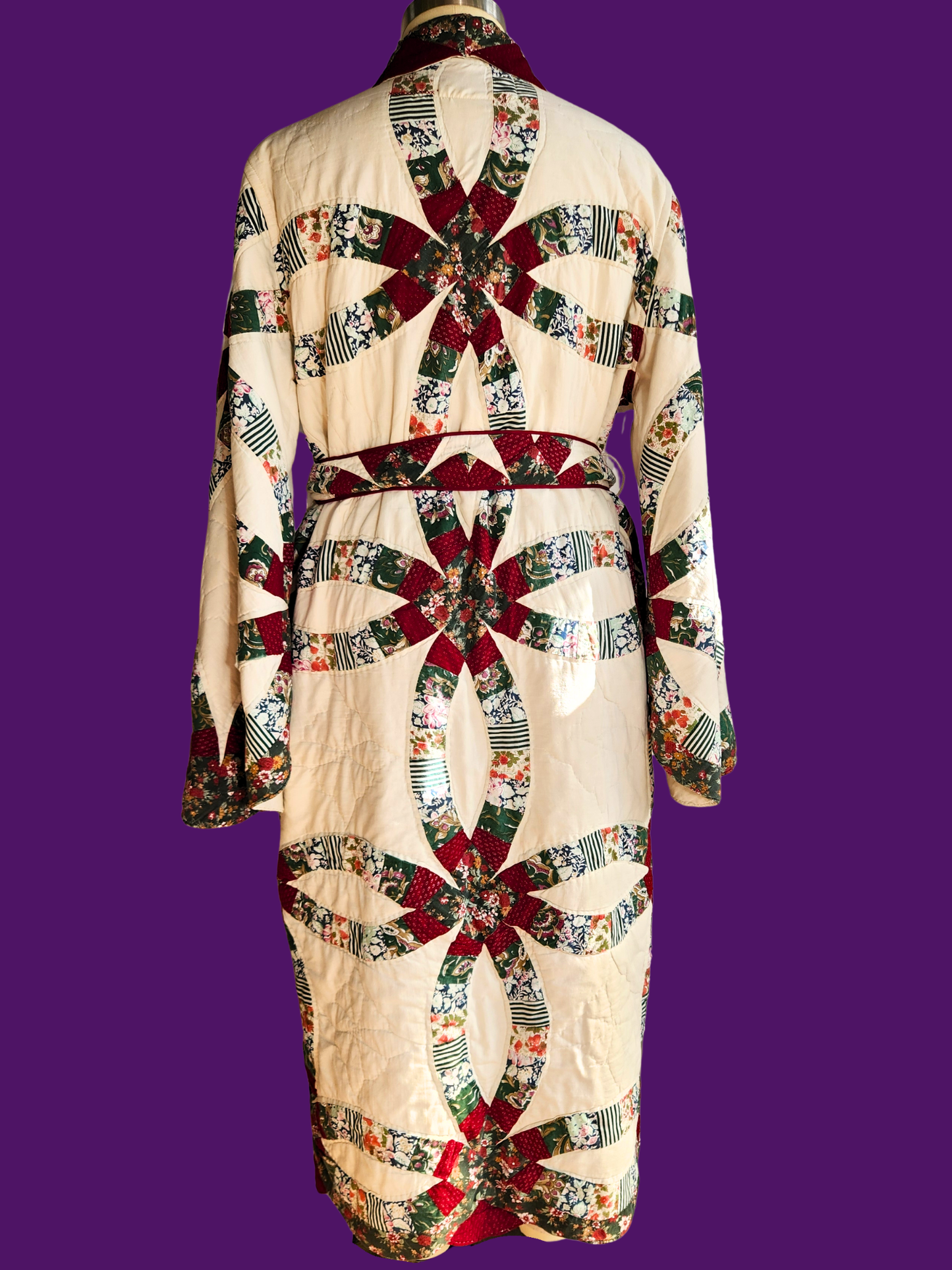 Quilted robe with a colorful pattern on a purple background