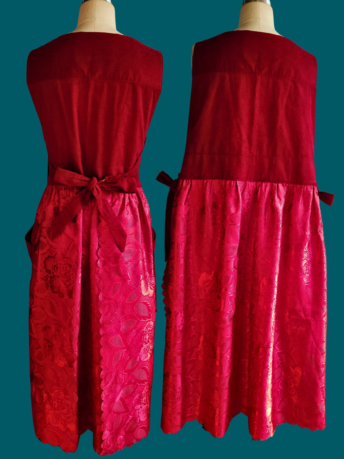 Red dress shown from front and back on a turquoise background
