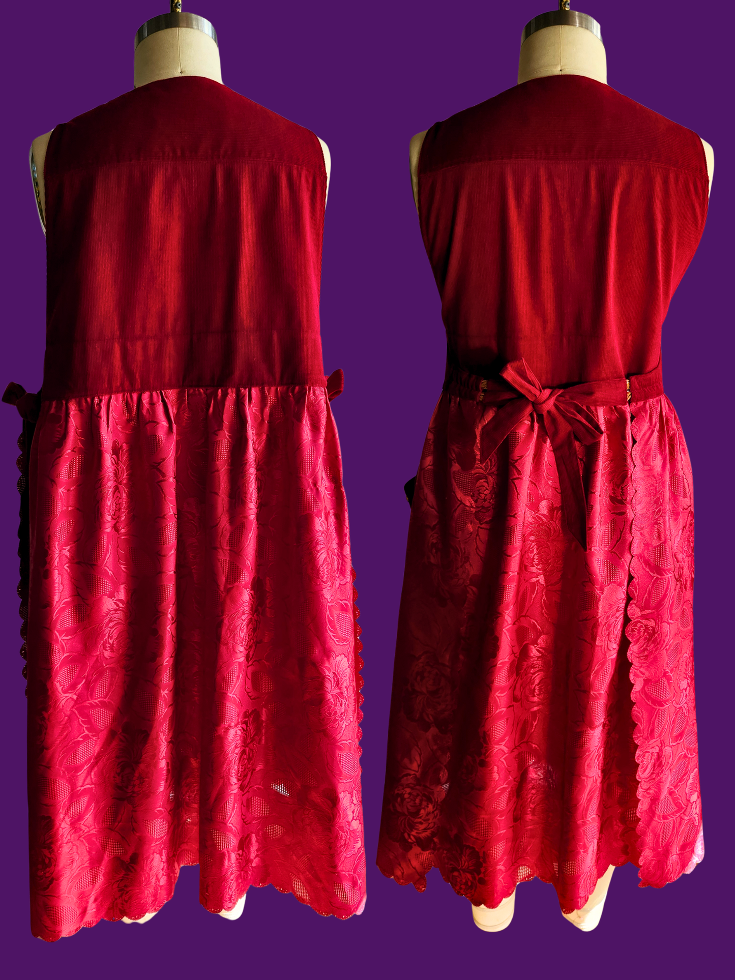 Red dress on a mannequin against a purple background