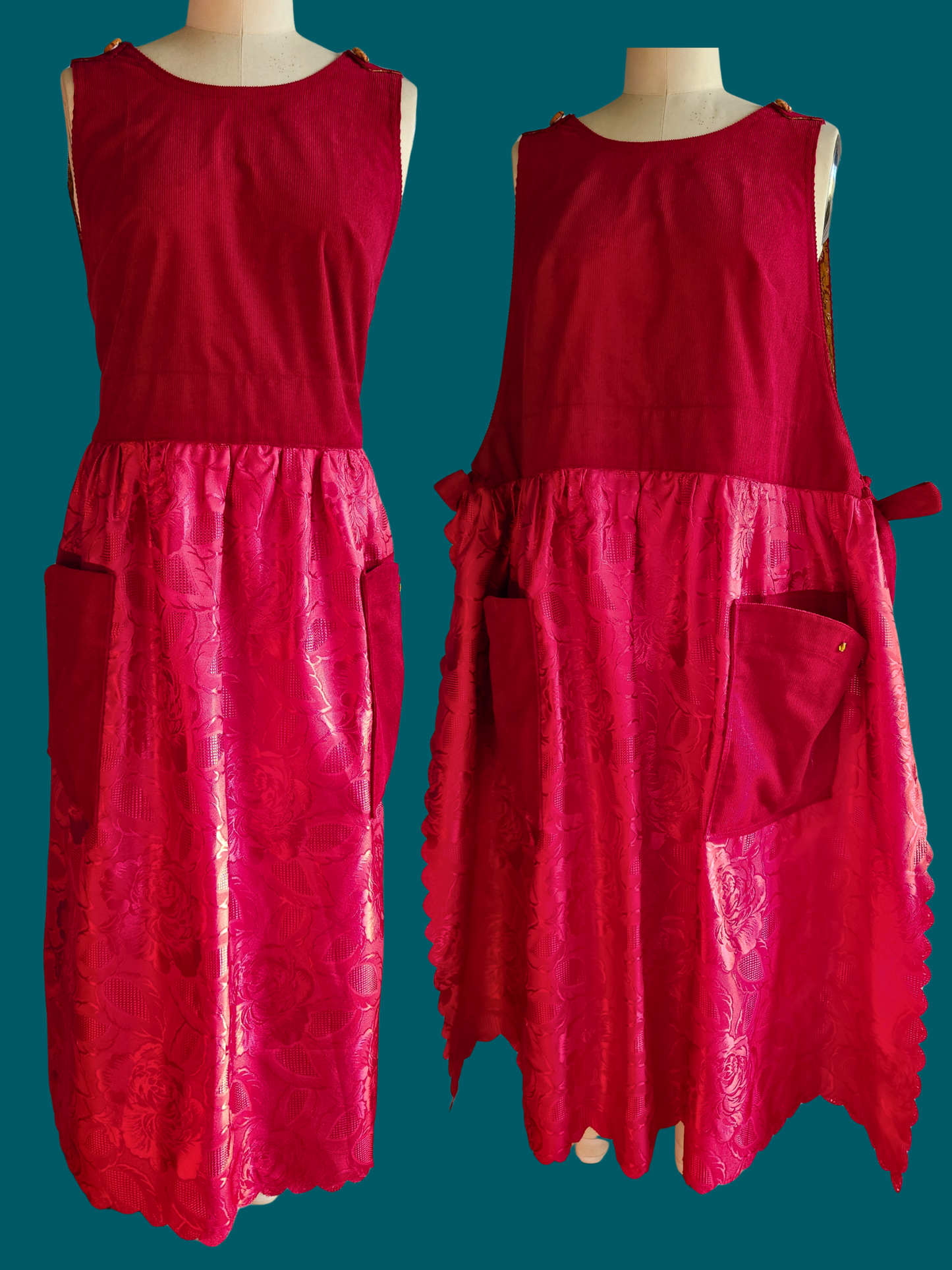 Red dress with a textured skirt on a mannequin against a teal background