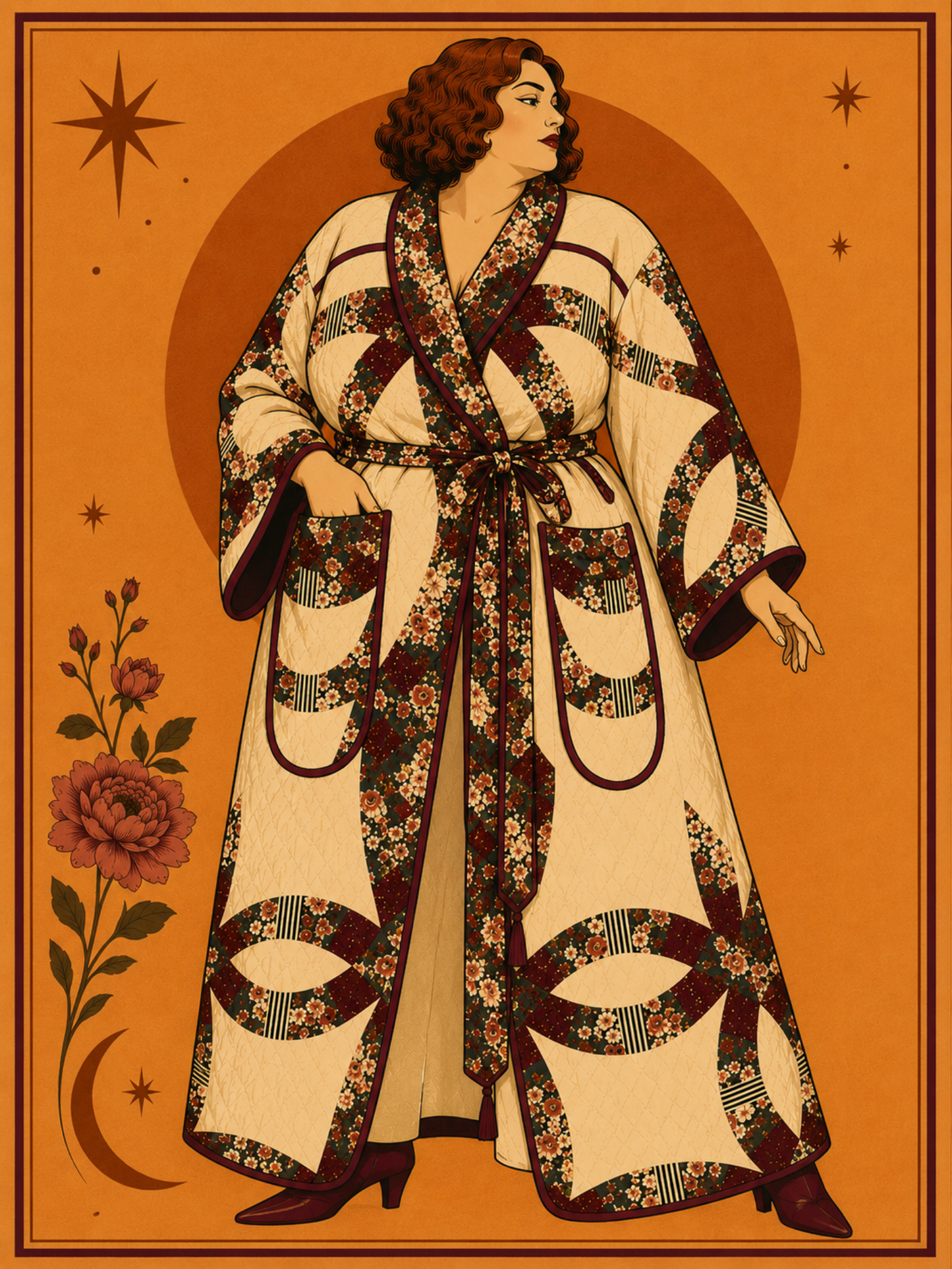 Illustration of a woman wearing a patterned robe on an orange background with floral and star elements.