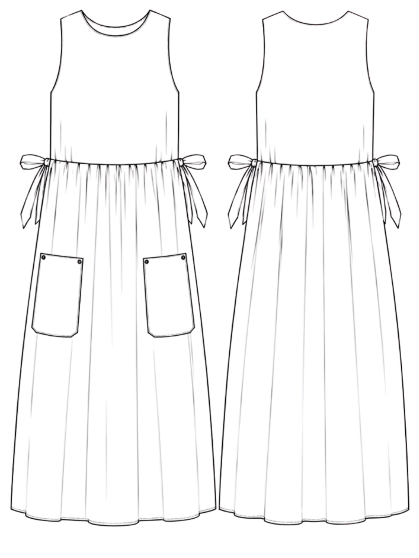 line drawing of dress with side ties on a white background