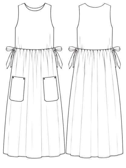 line drawing of dress with side ties on a white background