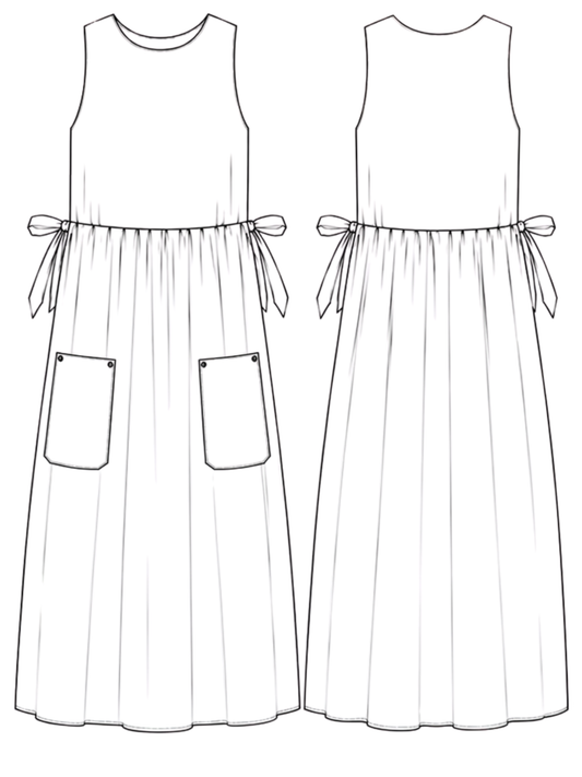 line drawing of dress with side ties on a white background