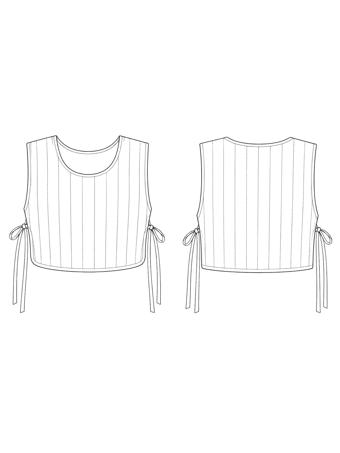 Line drawing of a sleeveless top with straps on a white background