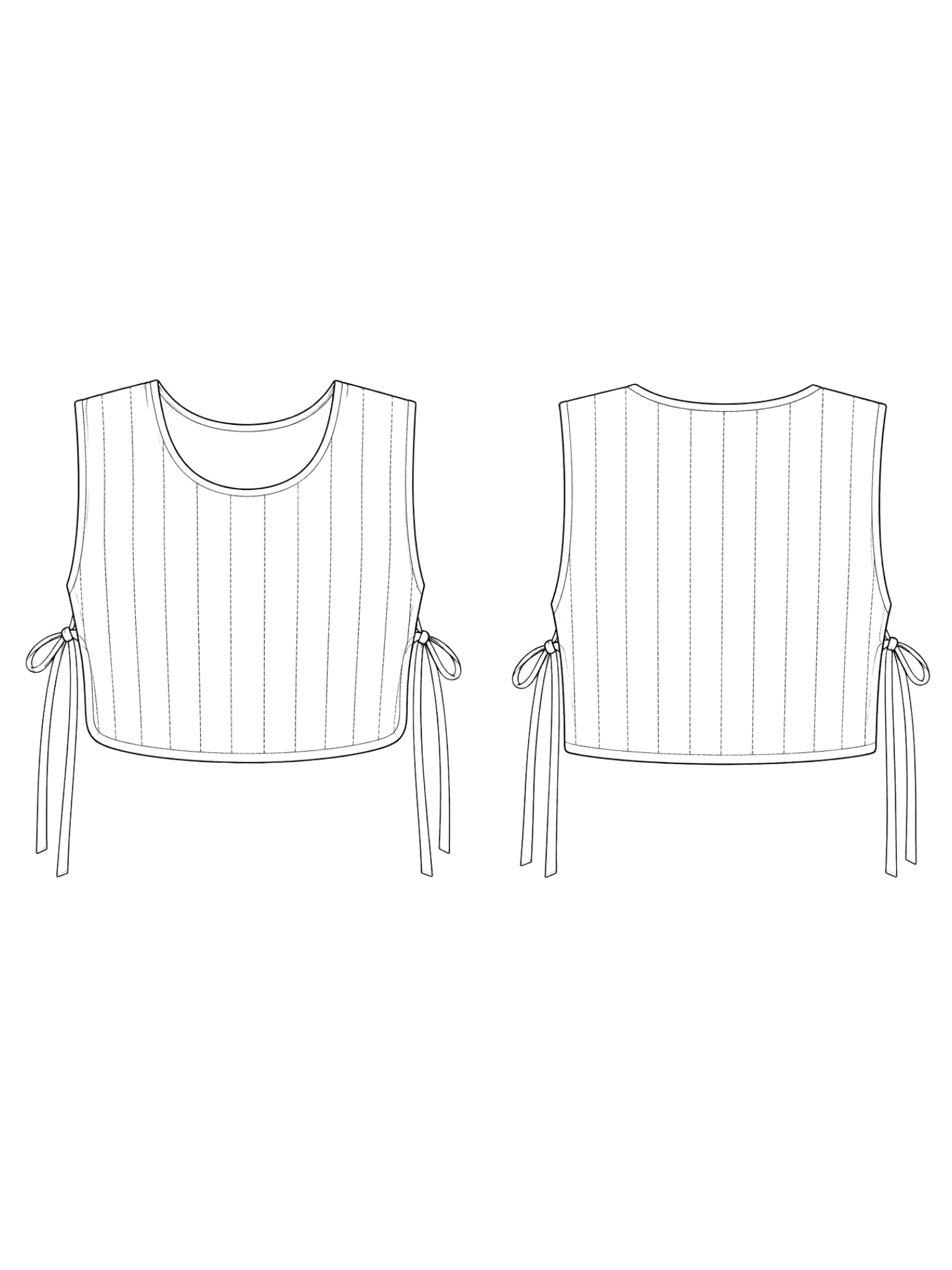 Line drawing of a sleeveless top with straps on a white background