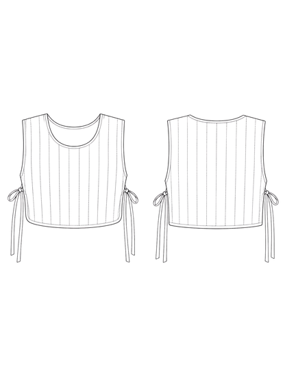 Line drawing of a sleeveless top with straps on a white background