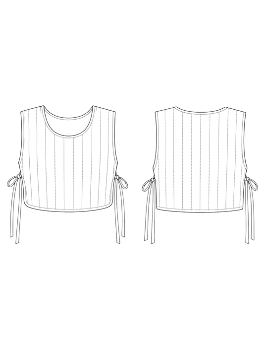 Line drawing of a sleeveless top with straps on a white background