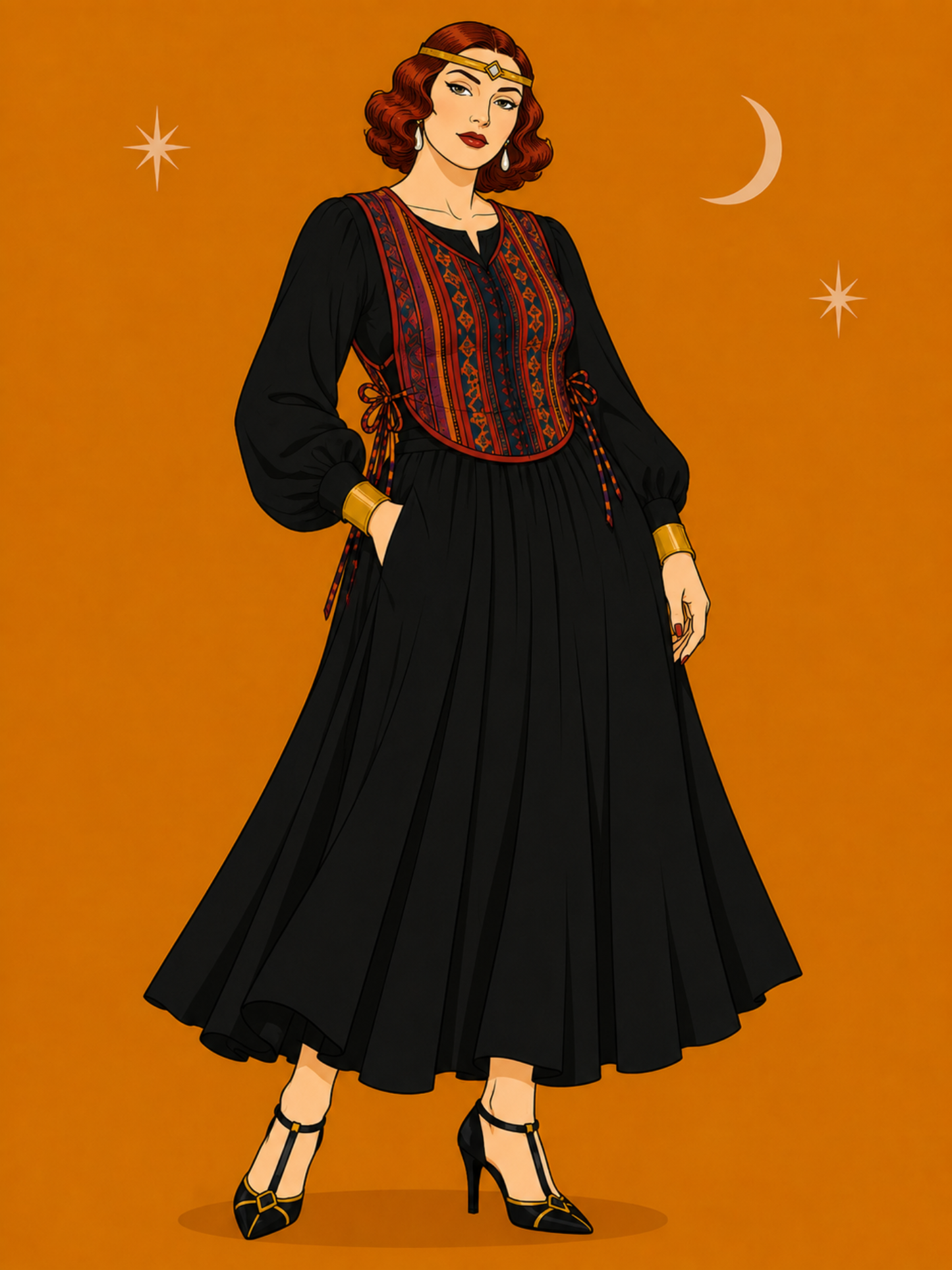Illustration of a woman in a black dress with red embroidery on an orange background