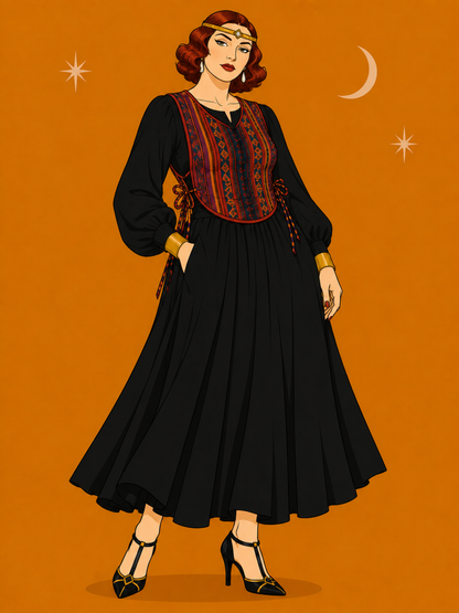 Illustration of a woman in a black dress with red embroidery on an orange background