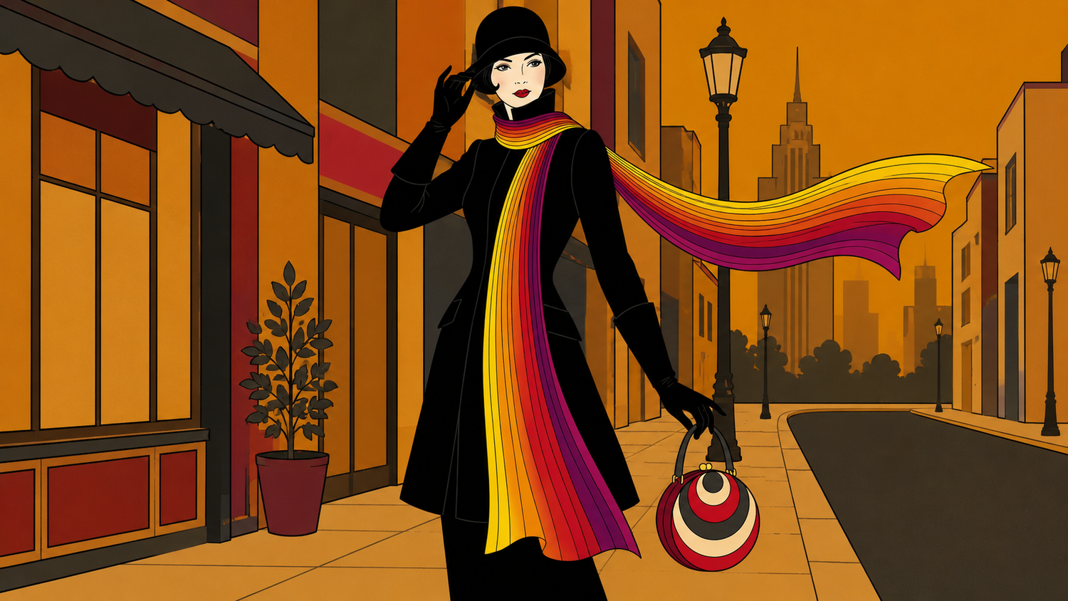 Illustration of a woman in a city street with a colorful scarf and handbag.