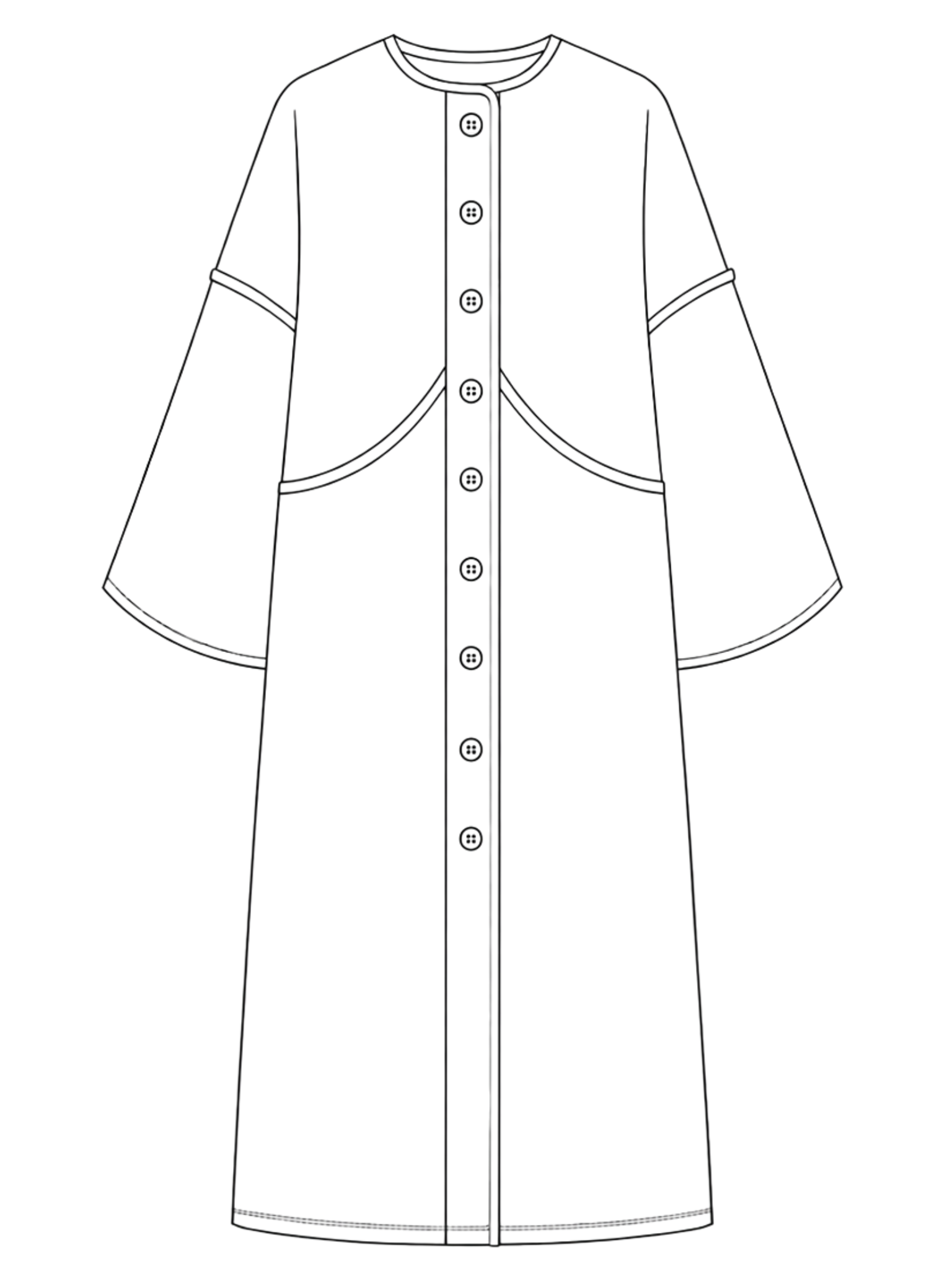 Line drawing of a long, buttoned garment with wide sleeves on a white background