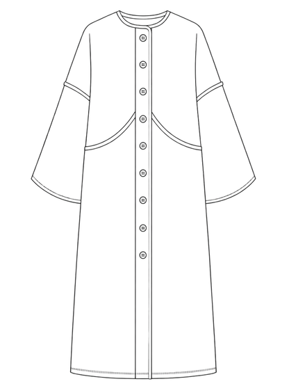 Line drawing of a long, buttoned garment with wide sleeves on a white background