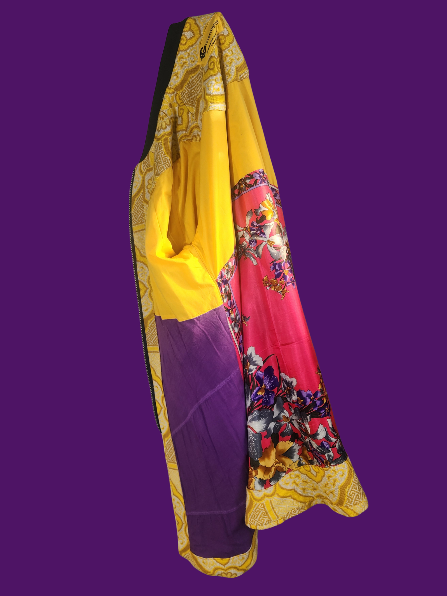 Colorful fabric with floral patterns on a purple background