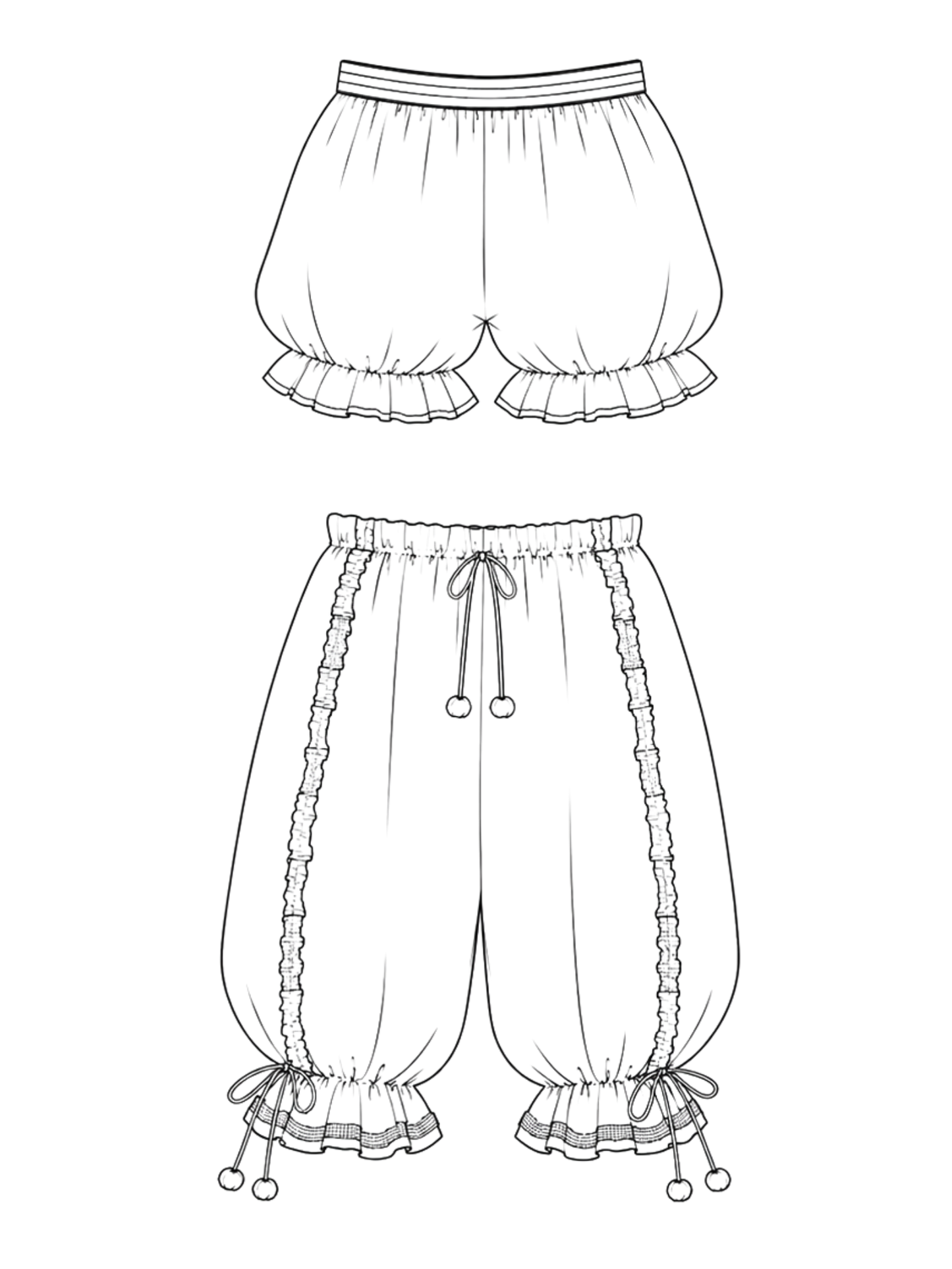 line drawing to long and short bloomers on a white background