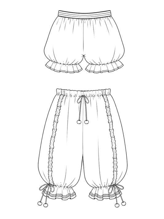 line drawing to long and short bloomers on a white background