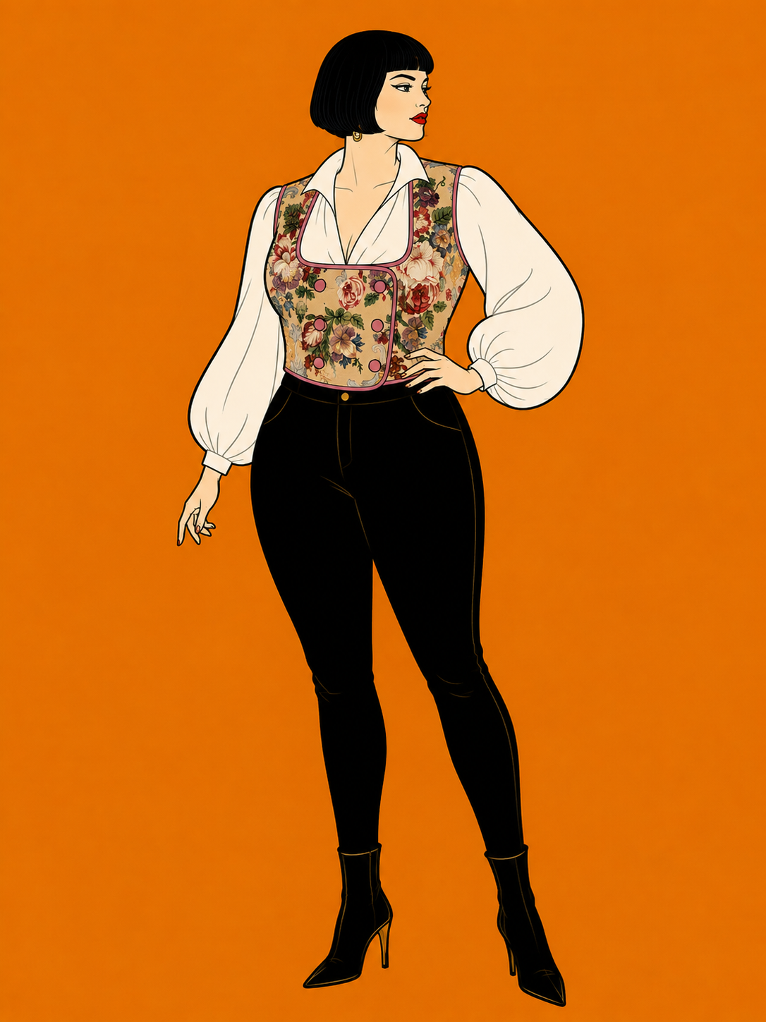Illustration of a woman wearing a floral vest and black pants on an orange background