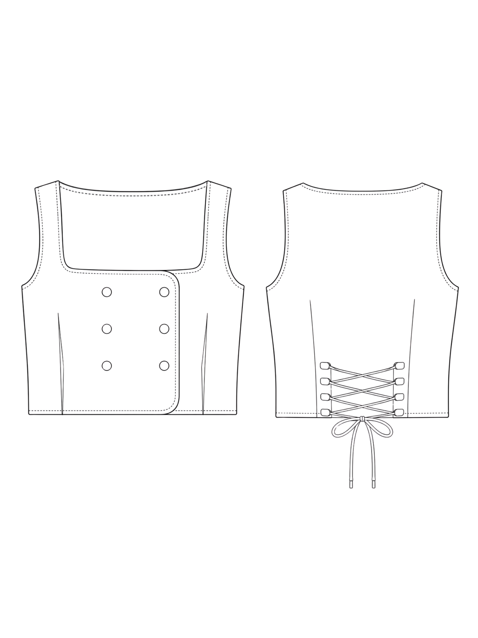 Line drawing of a sleeveless top with button details on the front and lace-up back on a white background.
