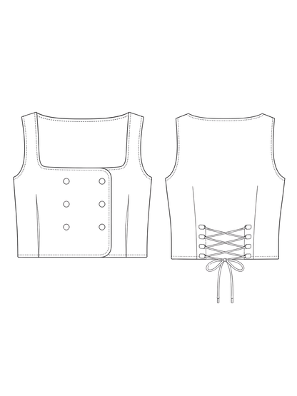 Line drawing of a sleeveless top with button details on the front and lace-up back on a white background.