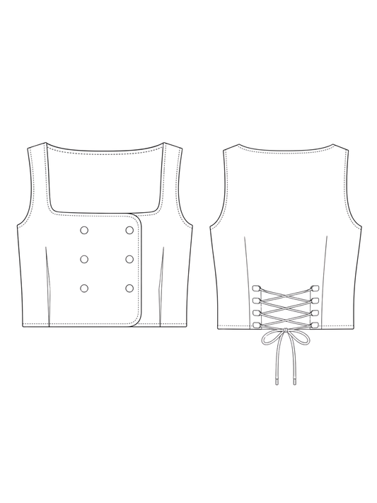 Line drawing of a sleeveless top with button details on the front and lace-up back on a white background.