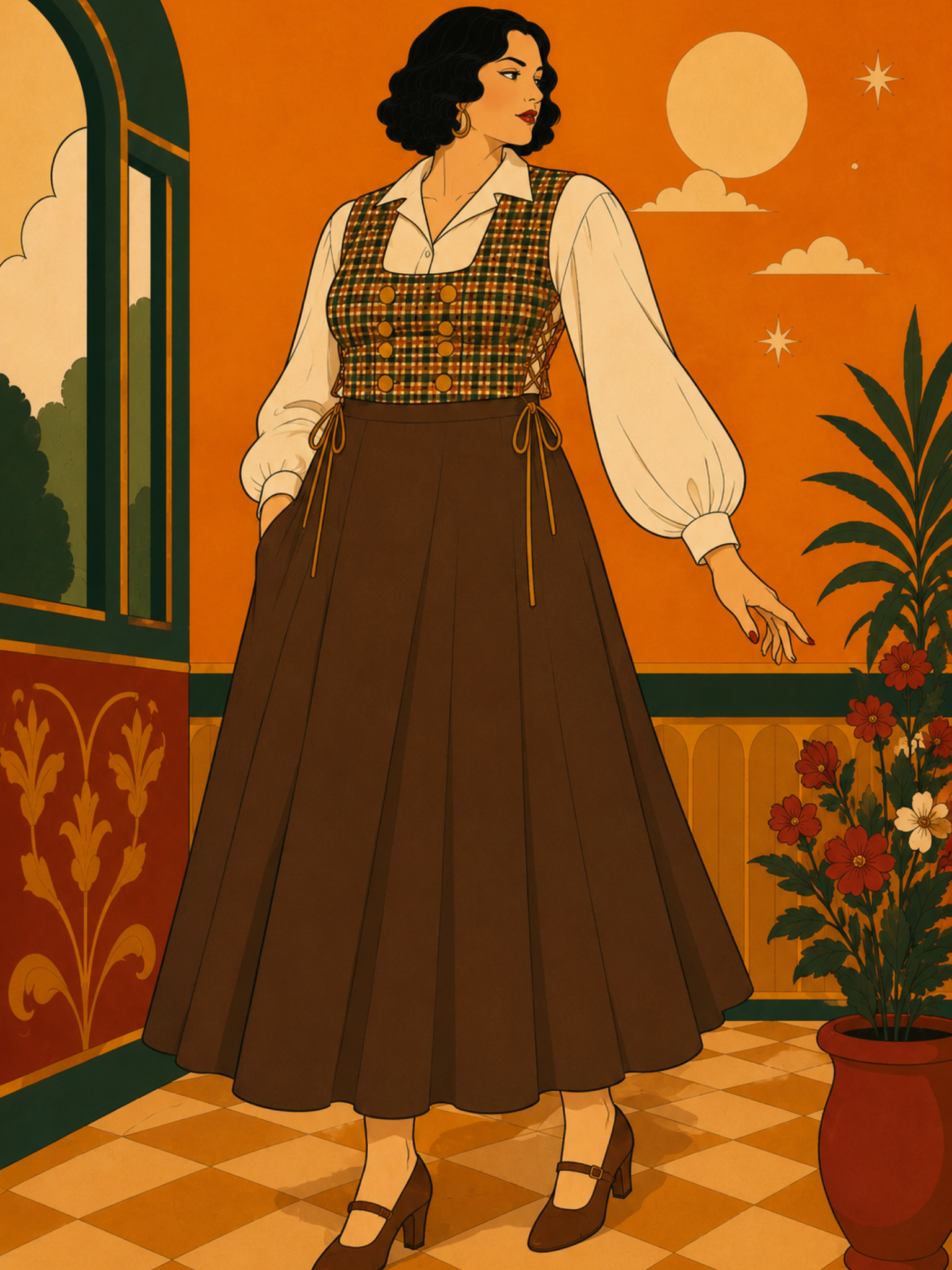 Woman in a vintage outfit standing in a room with decorative walls and plants.