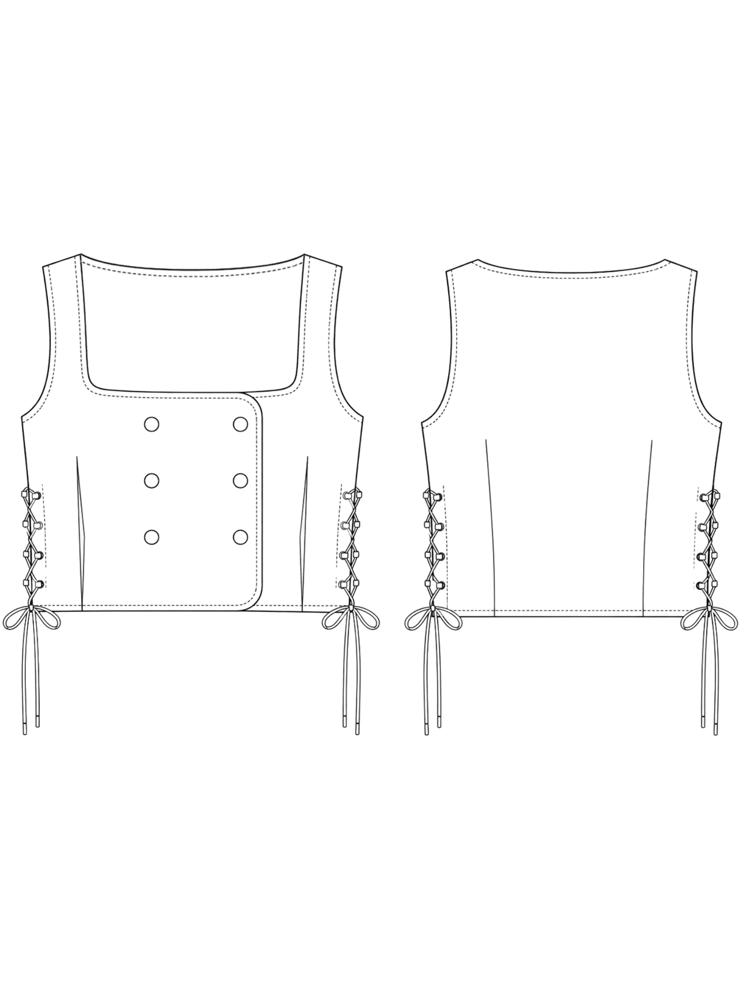 Line drawing of a sleeveless top with button details on a white background