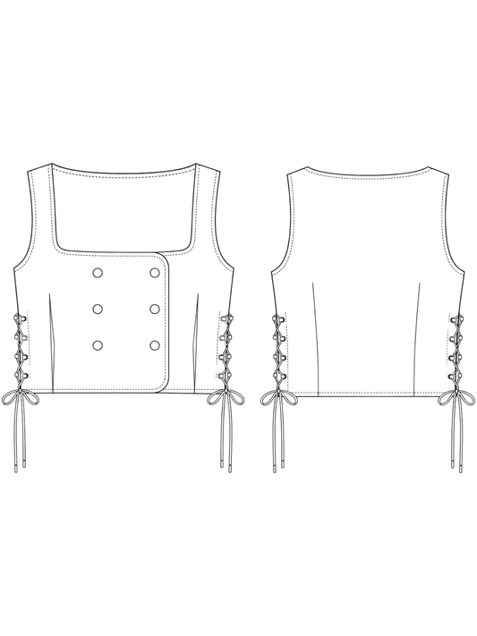 Line drawing of a sleeveless top with button details on a white background