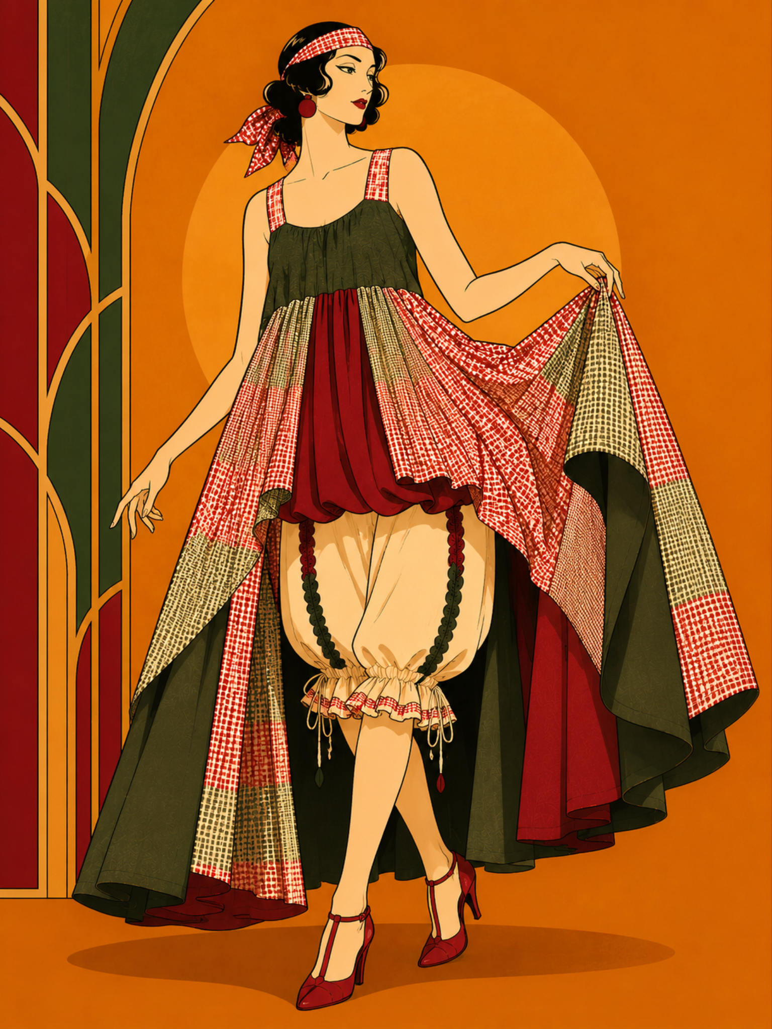 Artistic illustration of a woman in a colorful dress against an orange background