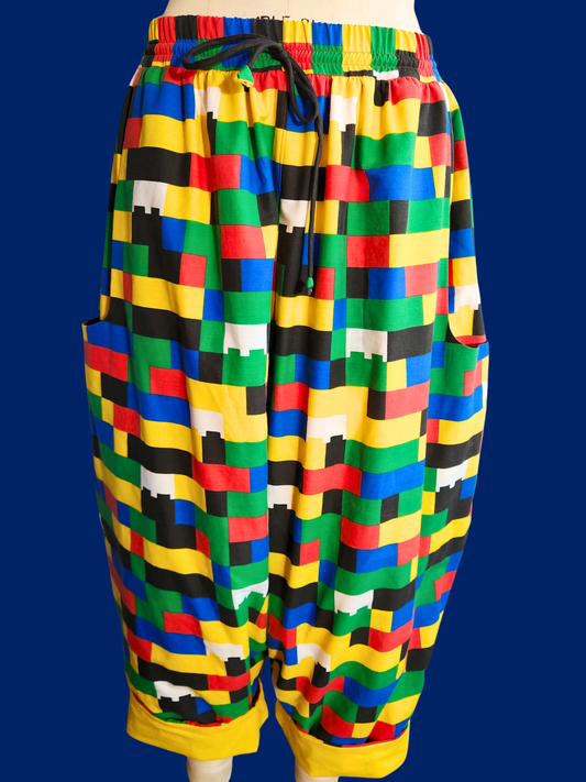 Colorful checkered pants on a dark blue background