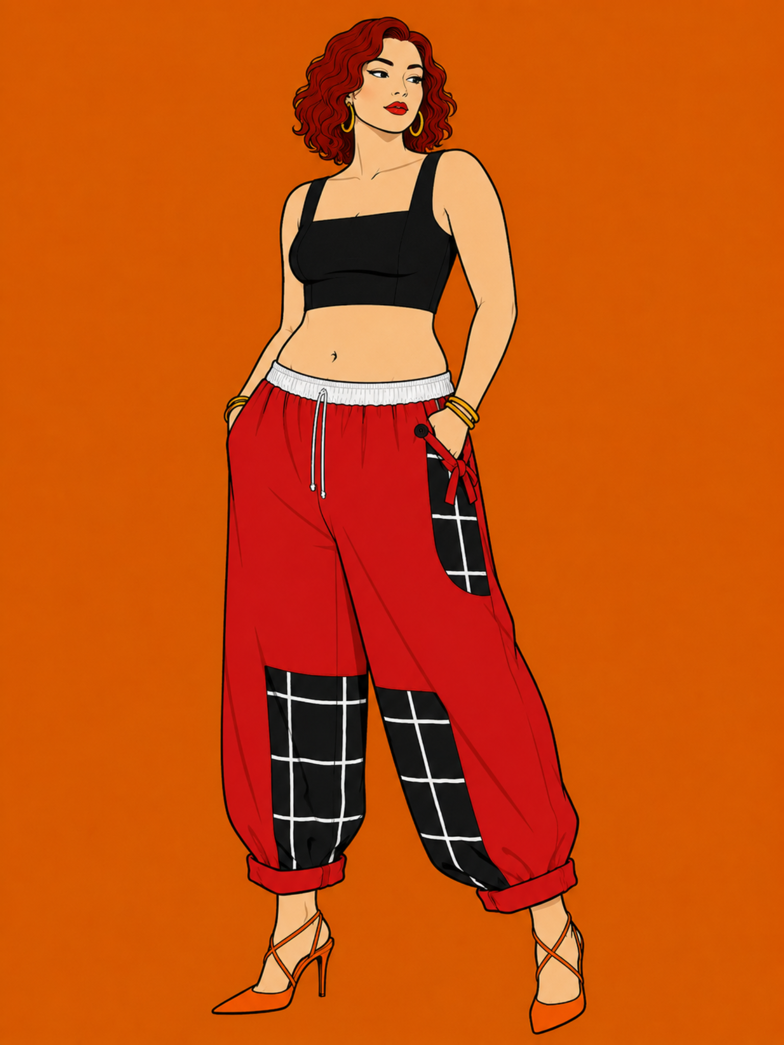 artistic illustration of the woman wearing colourful pants on an orange background