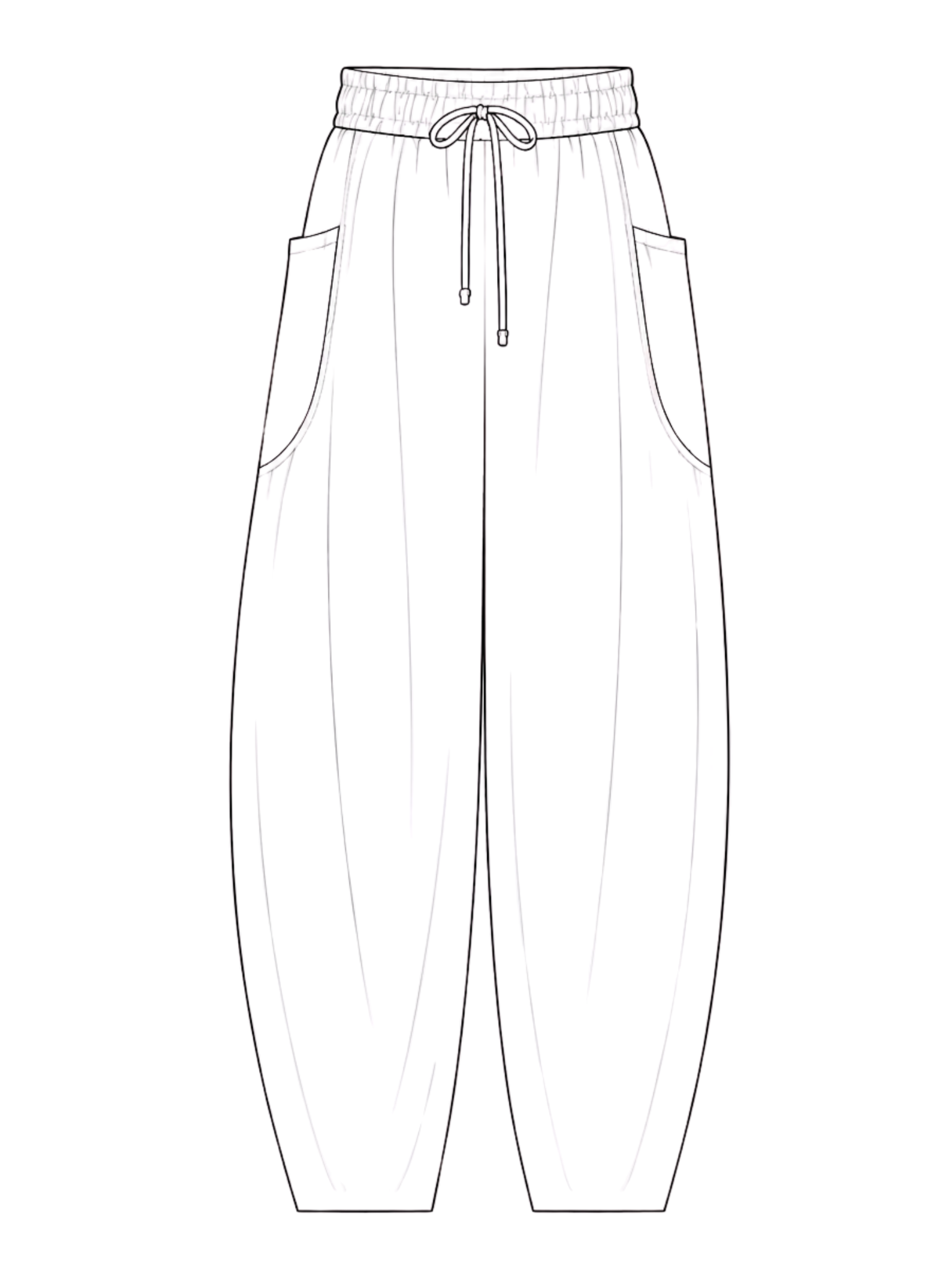 Line drawing of a pair of pants with a drawstring waist on a white background