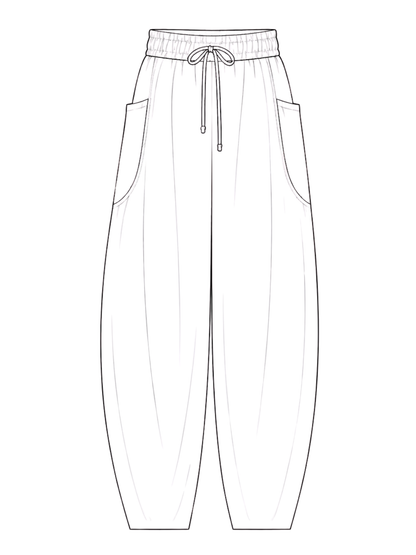 Line drawing of a pair of pants with a drawstring waist on a white background