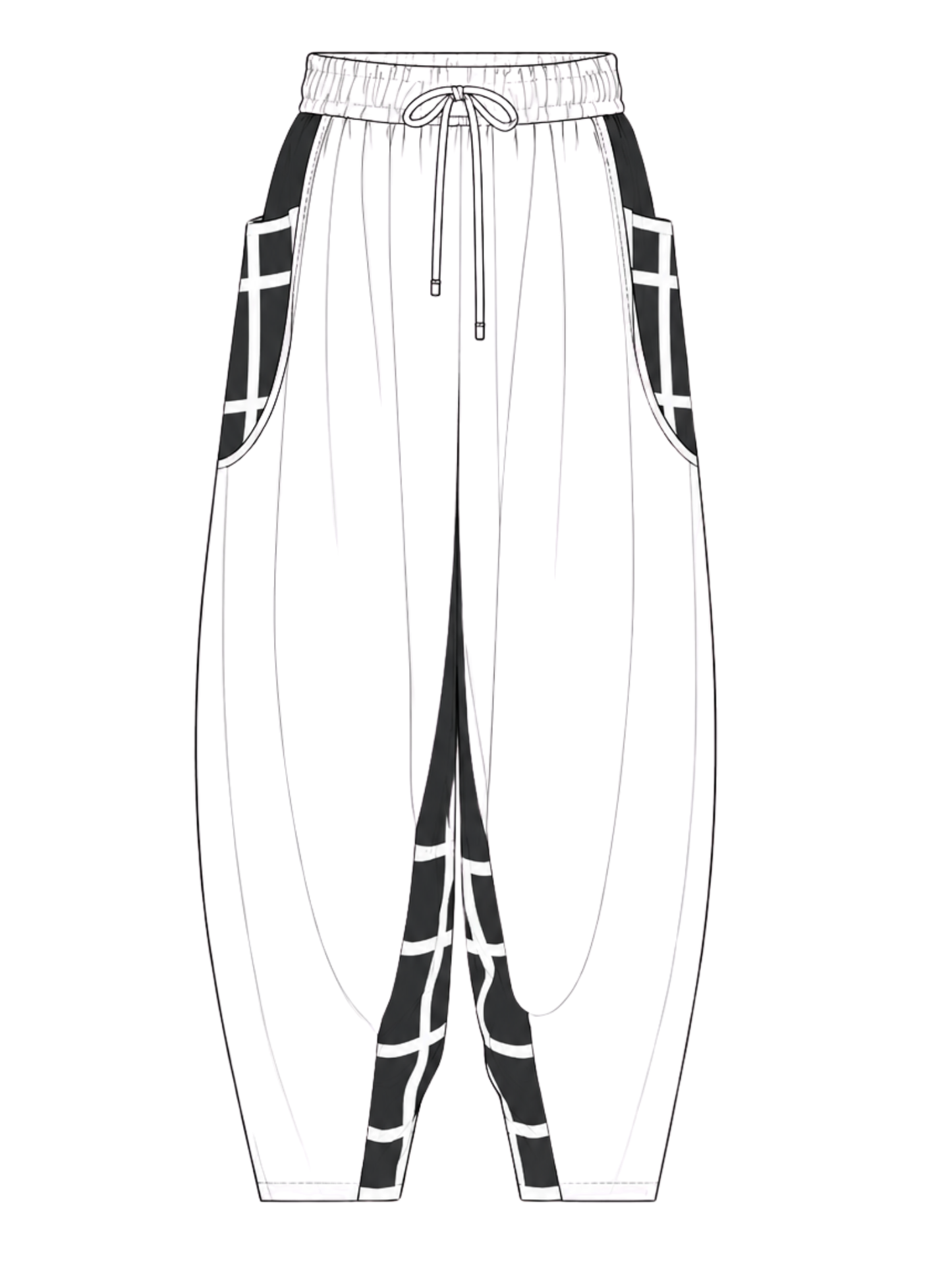 Black and white line drawing of a pair of pants with geometric patterns on a white background
