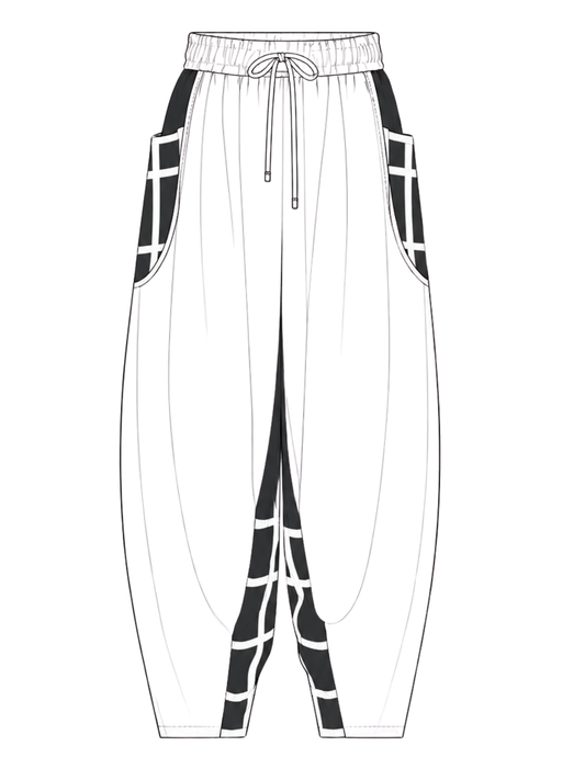 Black and white line drawing of a pair of pants with geometric patterns on a white background