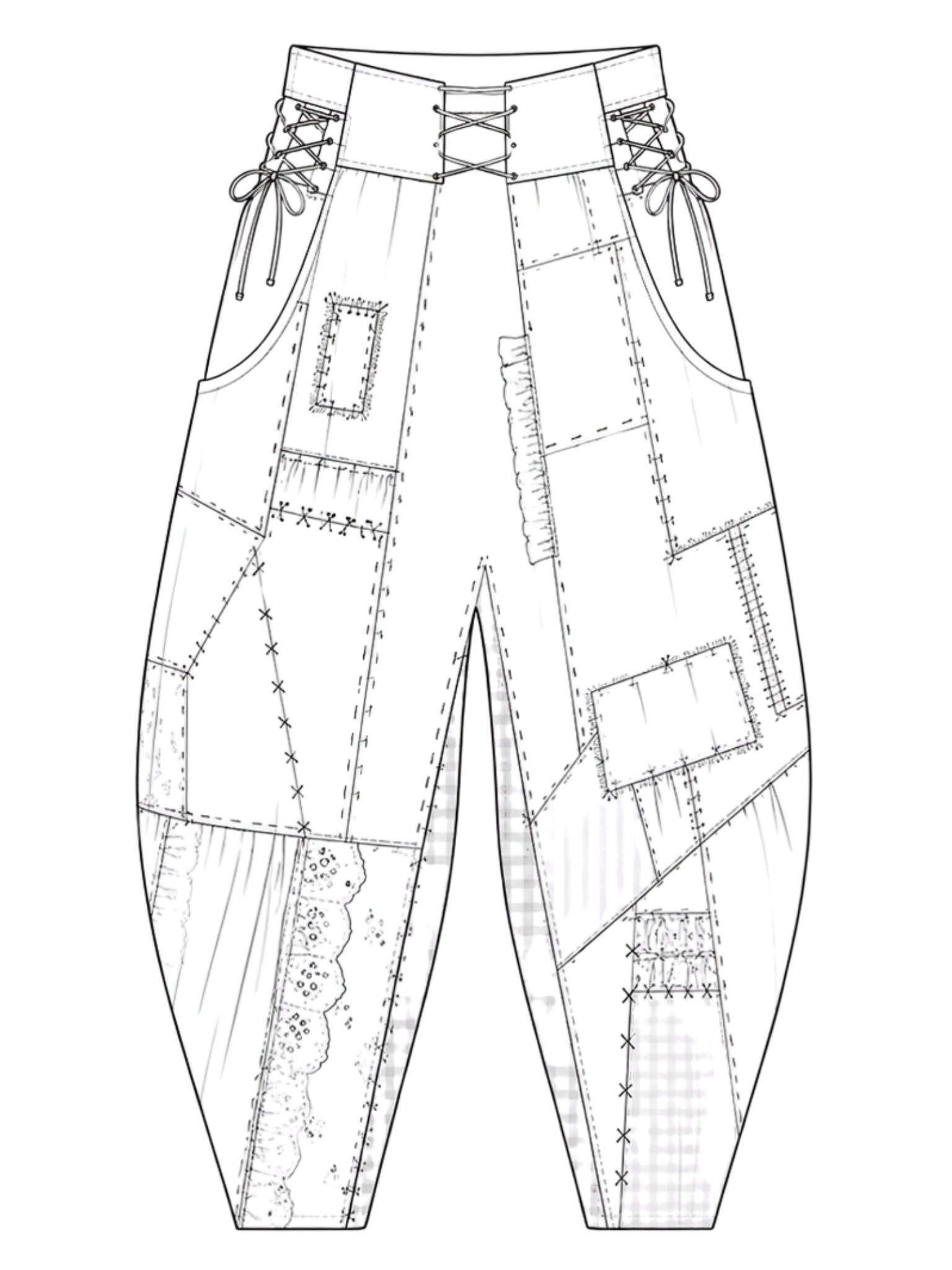 Technical drawing of a pair of pants with lace-up details on a white background