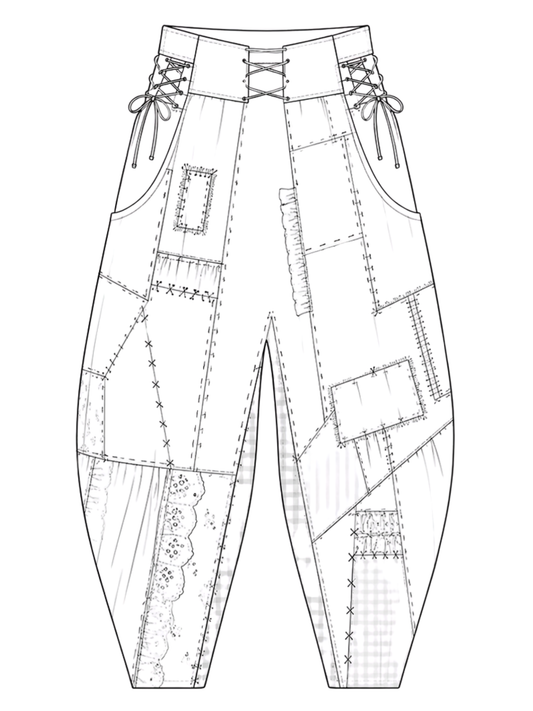 Technical drawing of a pair of pants with lace-up details on a white background