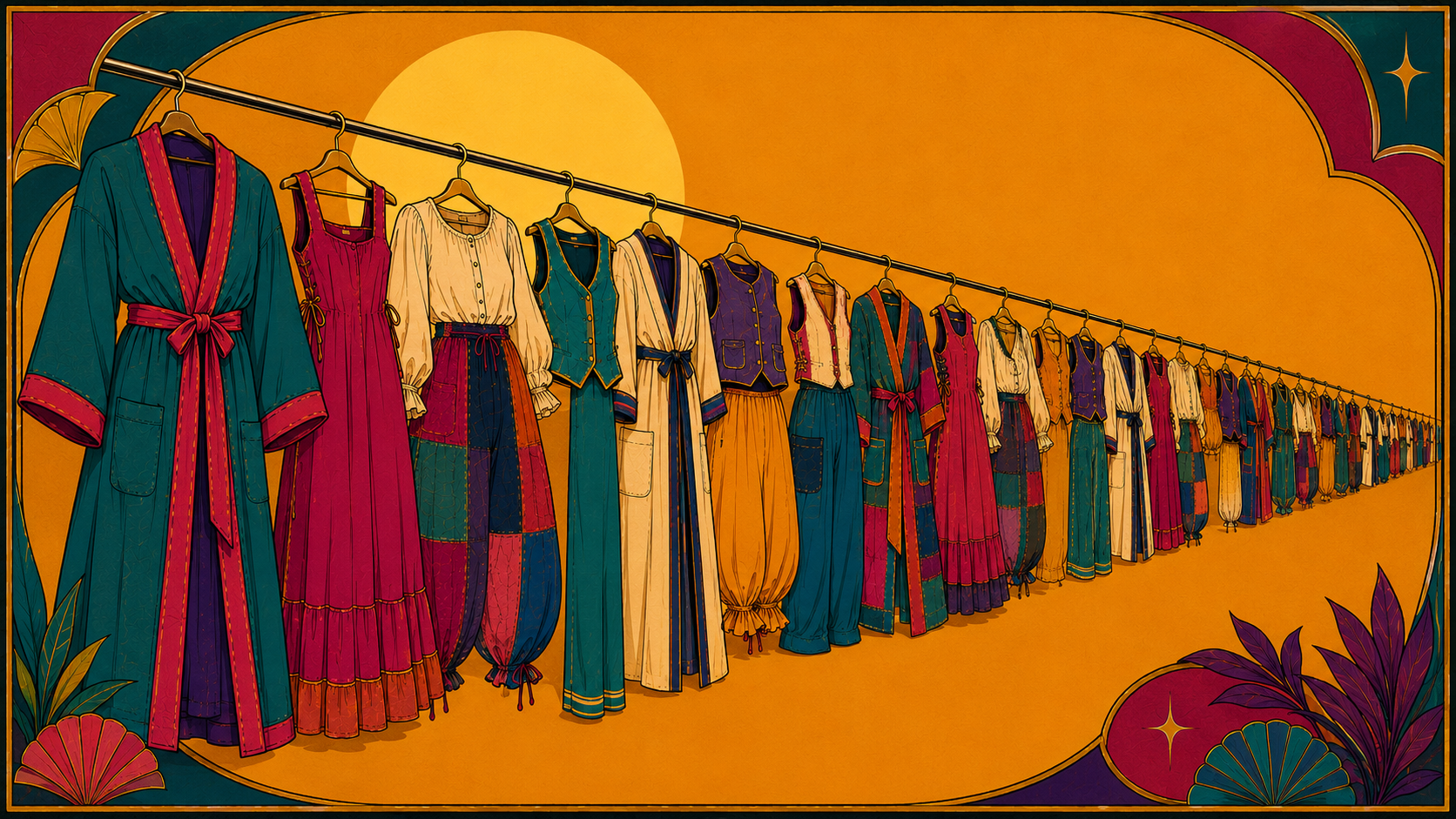 Colorful clothing rack with various garments against a vibrant orange background