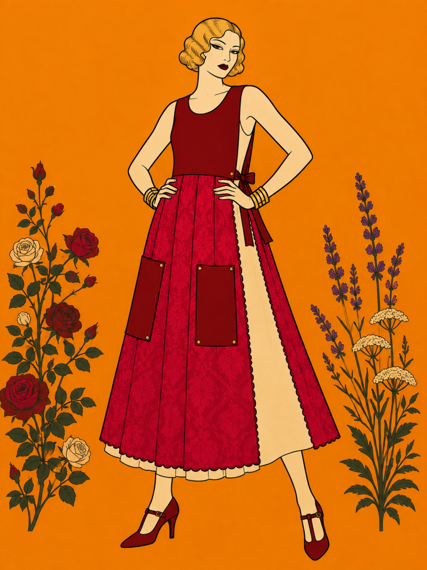 Illustration of a woman in a red dress with floral elements on an orange background