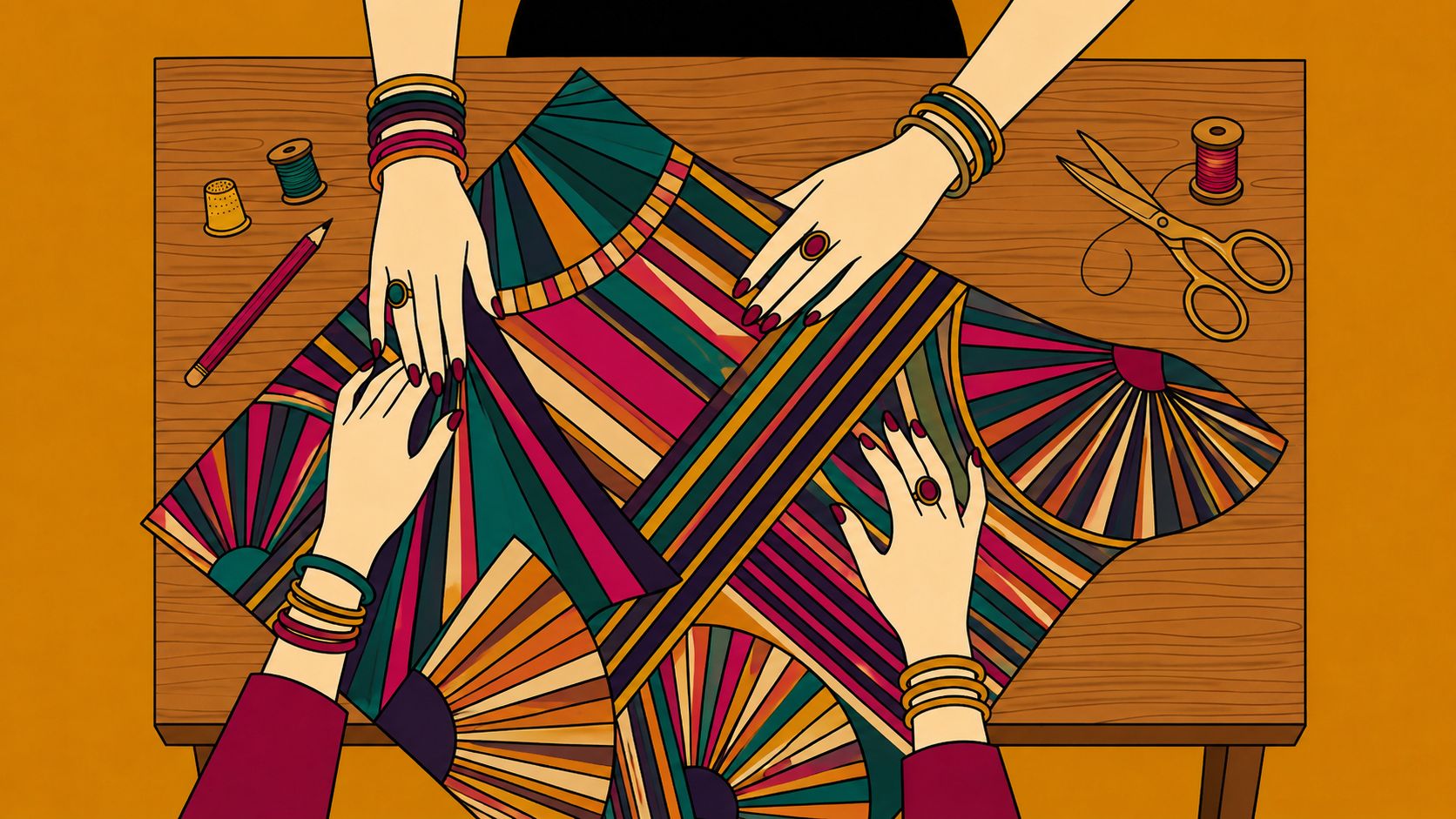 Illustration of hands working with colorful fabric on a wooden table.