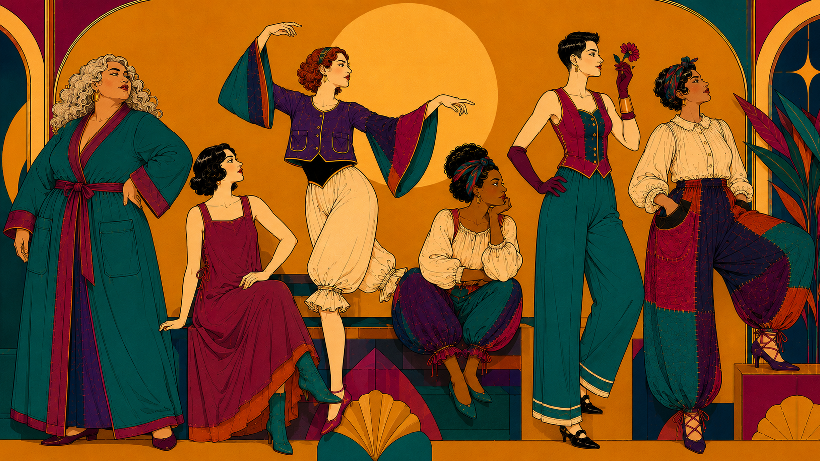 Illustration of five women in colorful outfits against a warm-toned background