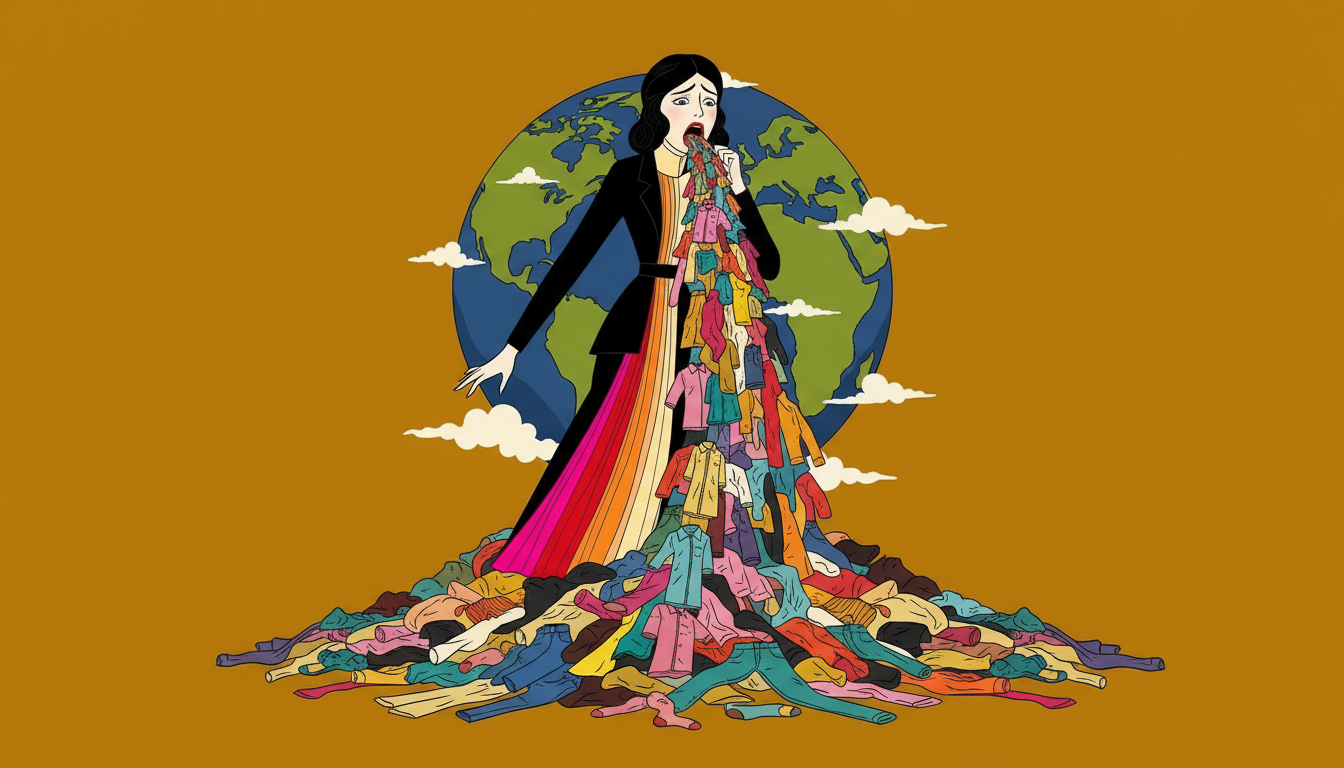 A Githerments illustration of a figure overwhelmed by a mountain of discarded clothing in front of the Earth — a statement against fast fashion waste