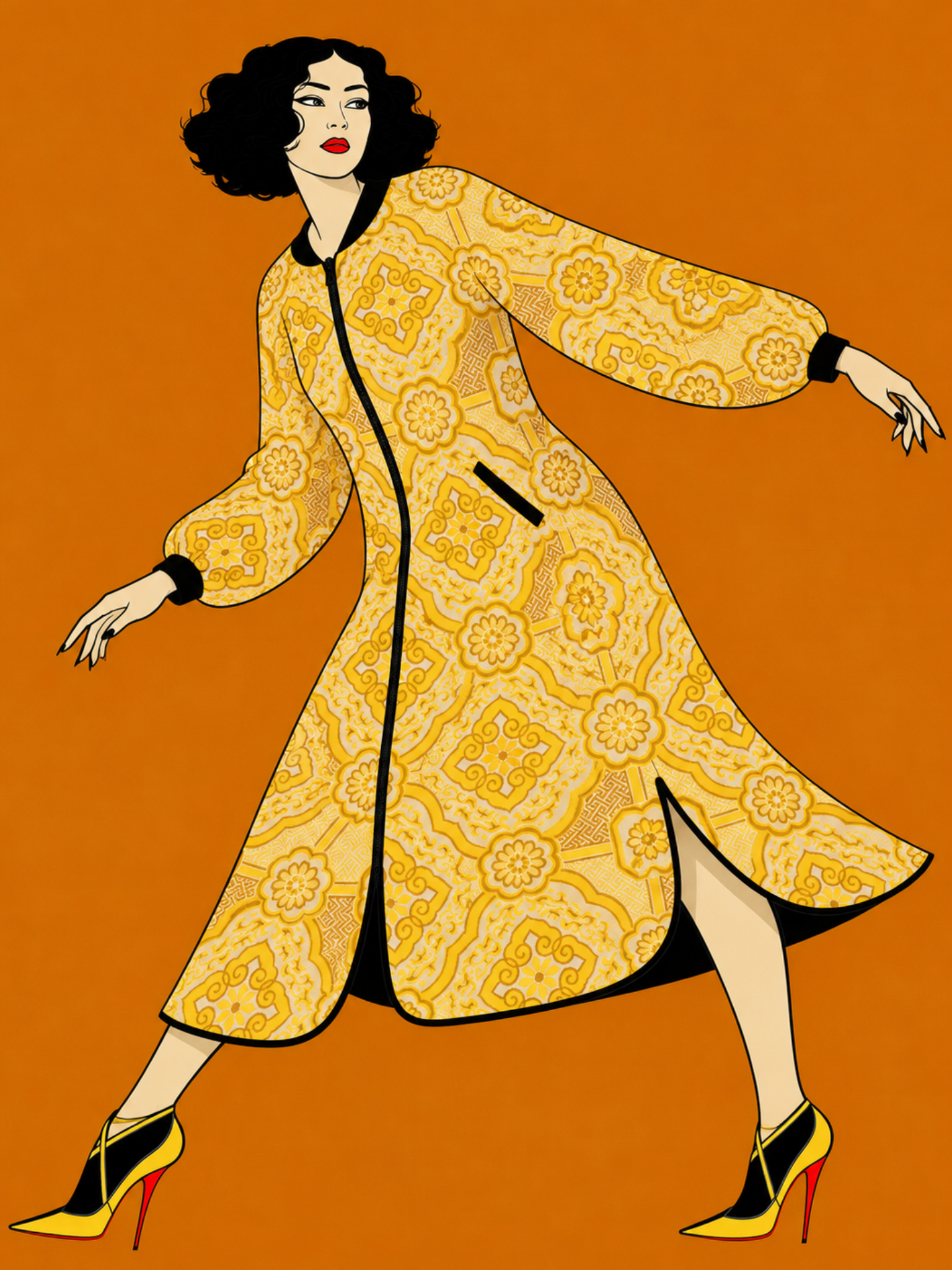 Illustration of a woman wearing a yellow patterned coat on an orange background