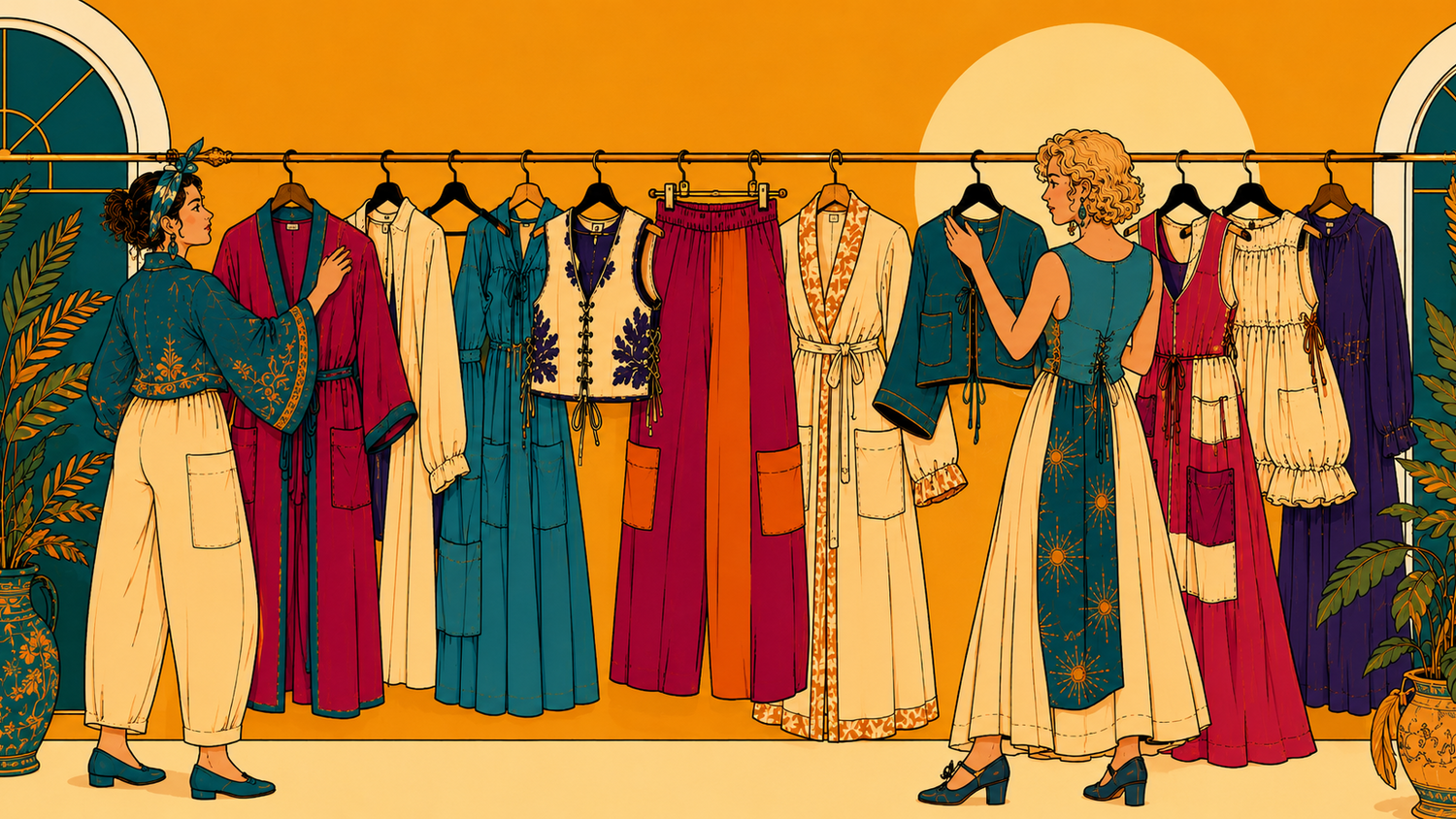 Two women browsing through a colorful array of clothing in a store.