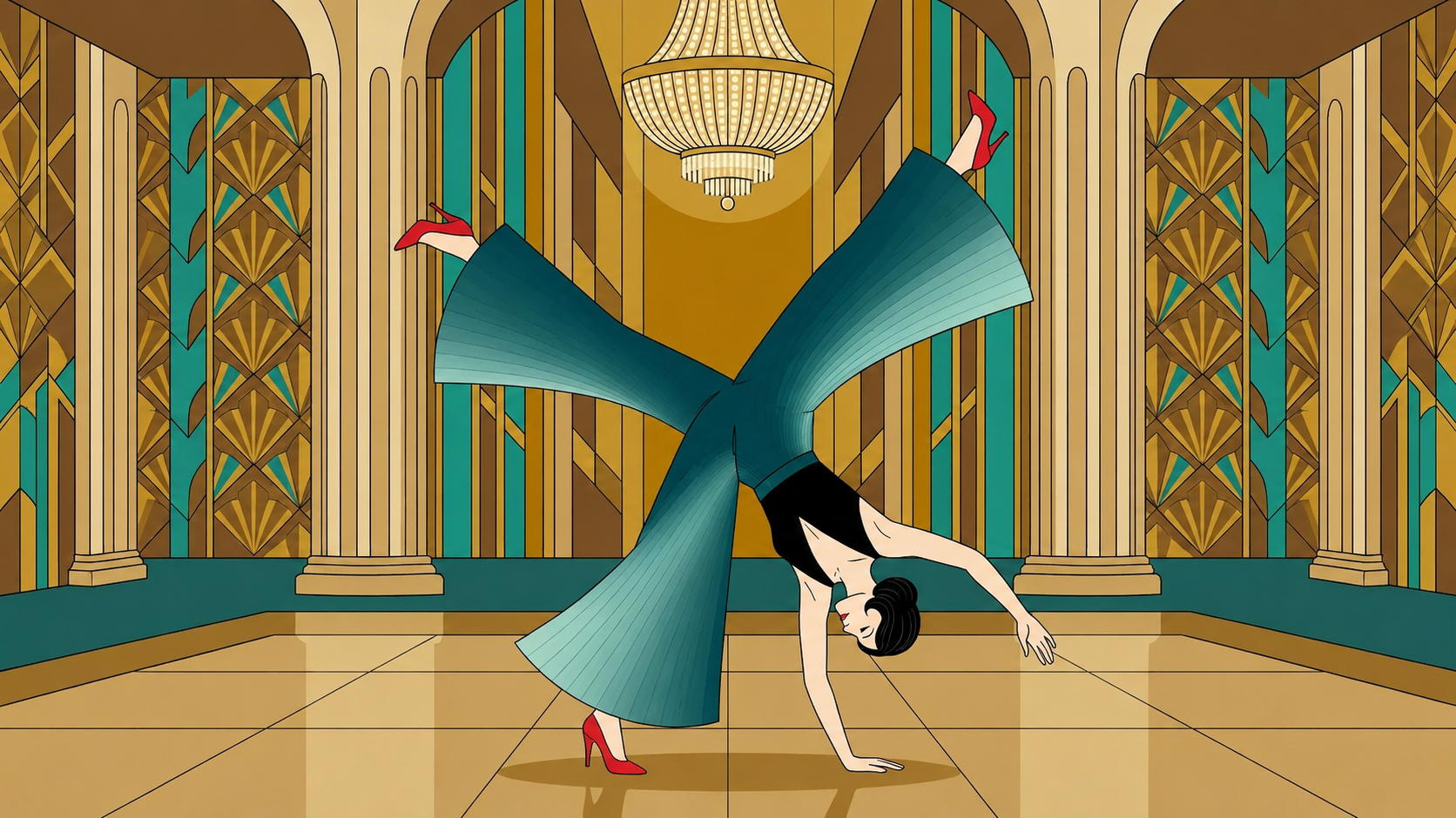 Illustration of a woman in a long blue dress performing a handstand in an elegant interior setting.
